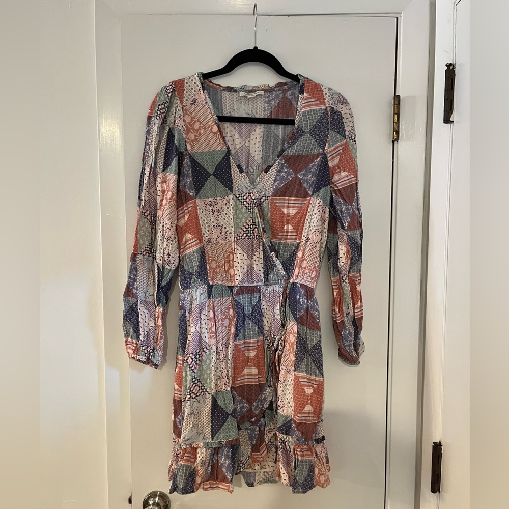 American Eagle Outfitters Patchwork V‑Neck Dress - Coral, Navy, Green, Cream